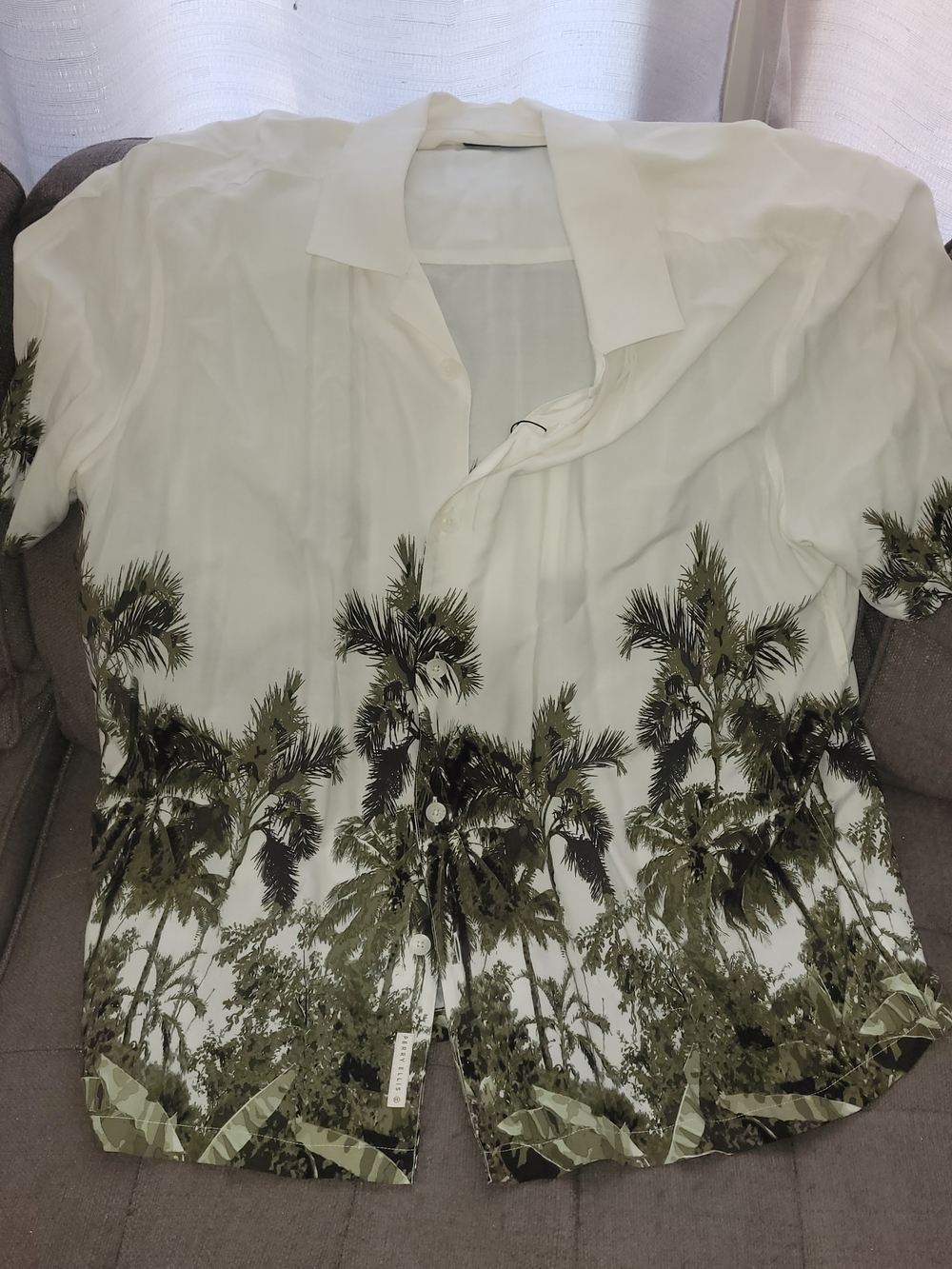 Perry Ellis White Button-Front Top with Olive Palm Print